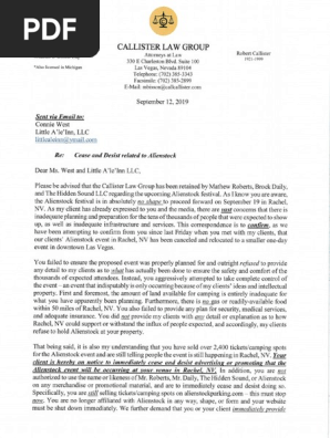 Cease and desist letter regarding Alienstock