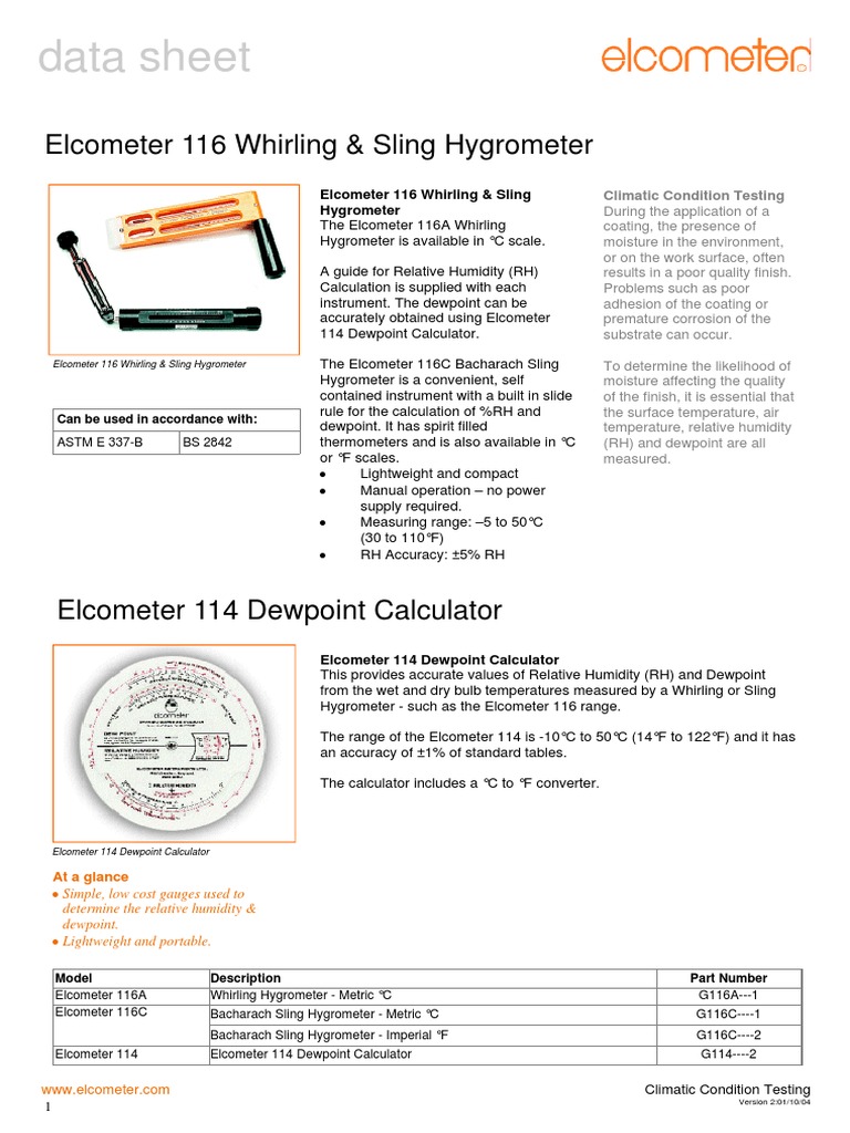 Elcometer 116 Sling Psychrometer Product Data Sheet | Download Free PDF ...