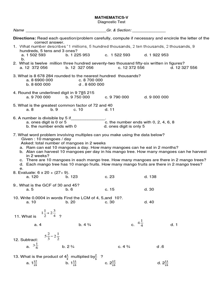 Mathematics Diagnostic Test Questions | PDF | Teaching Mathematics