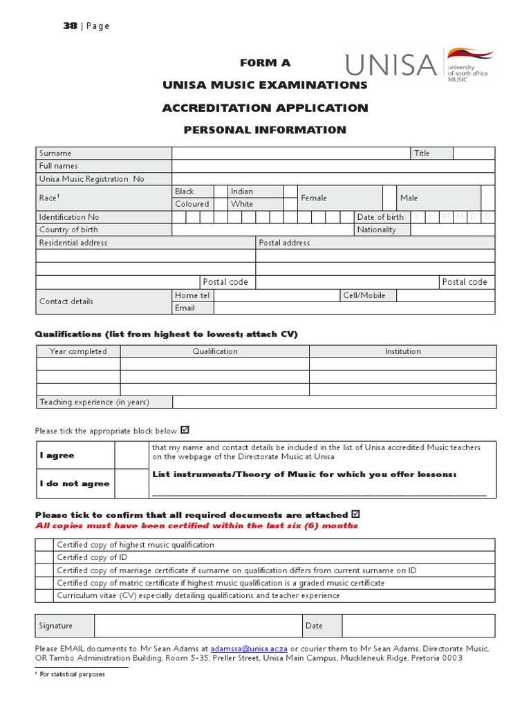 UNISA Music Exam Accreditation Form | PDF | Teachers | Business