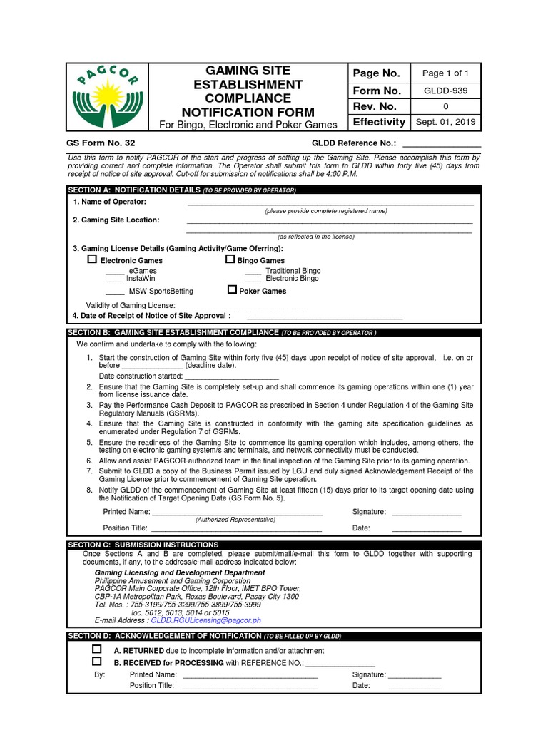 PAGCOR Gaming Site Compliance Form | PDF | Government Information ...