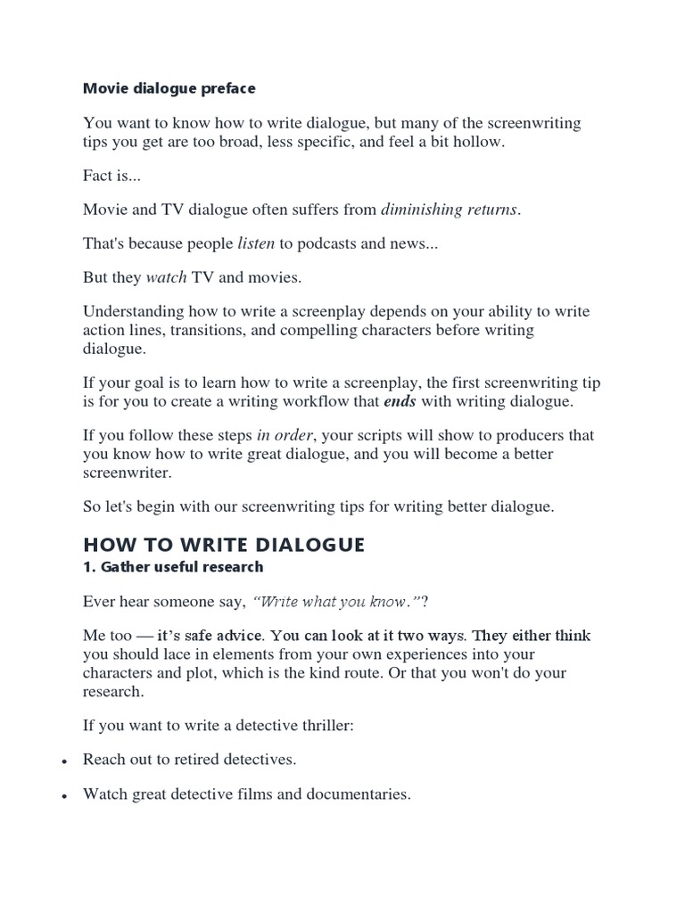 dialogue notes Screenplay Screenwriting