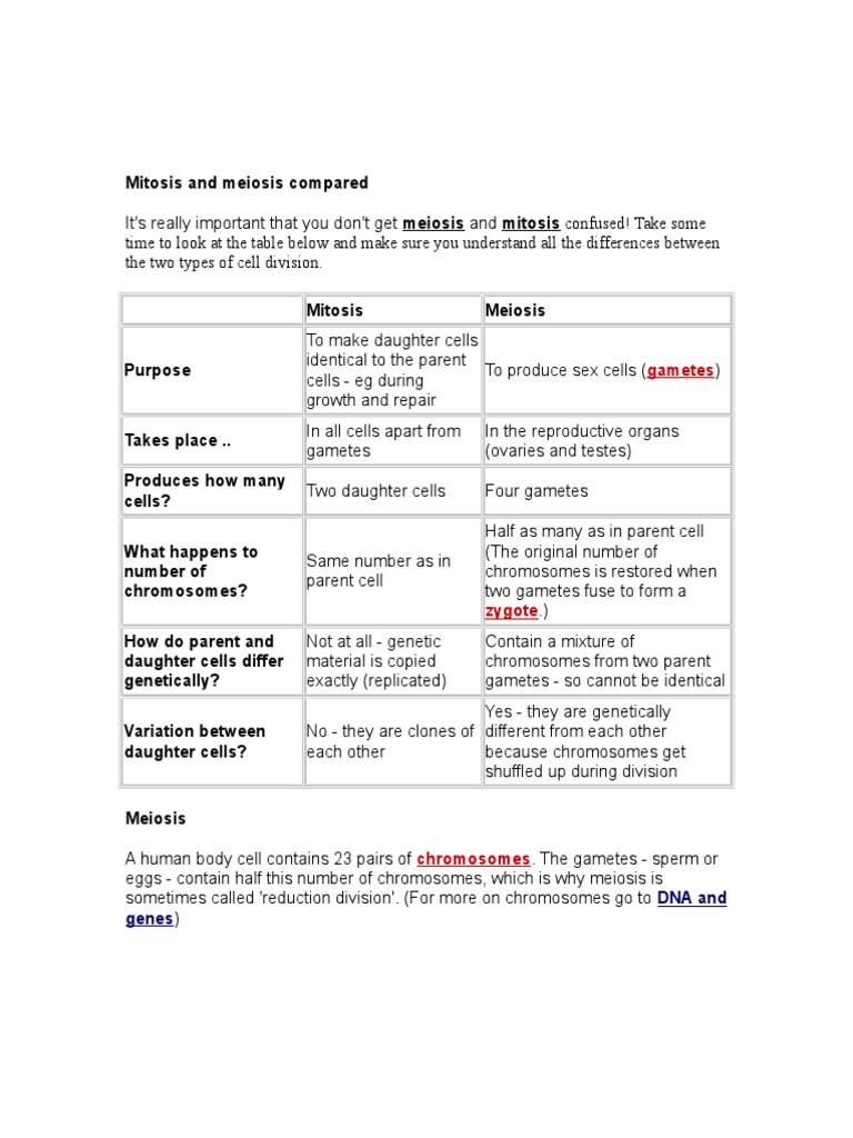 Mitosis vs Meiosis: Key Differences Explained | PDF | Meiosis | Chromosome