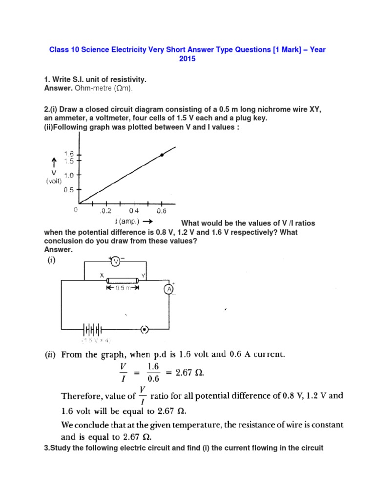 Class 10 Electricity Important Questions | PDF | Series And Parallel ...