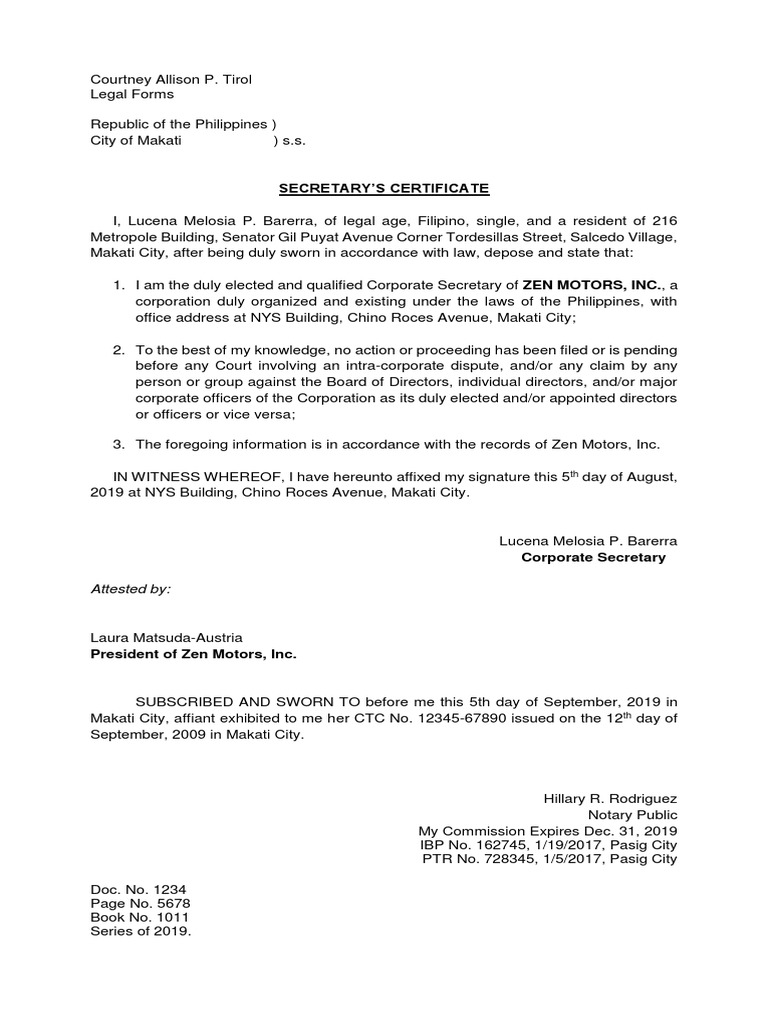 Secretary Certificate On Non Existence of Corporate Dispute PDF
