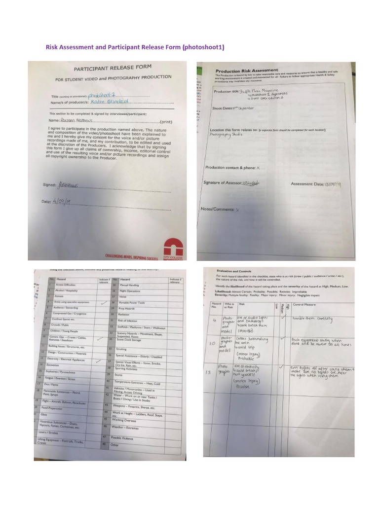 Risk Assessment and Participant Release Form Photoshoot 1 | PDF | Business