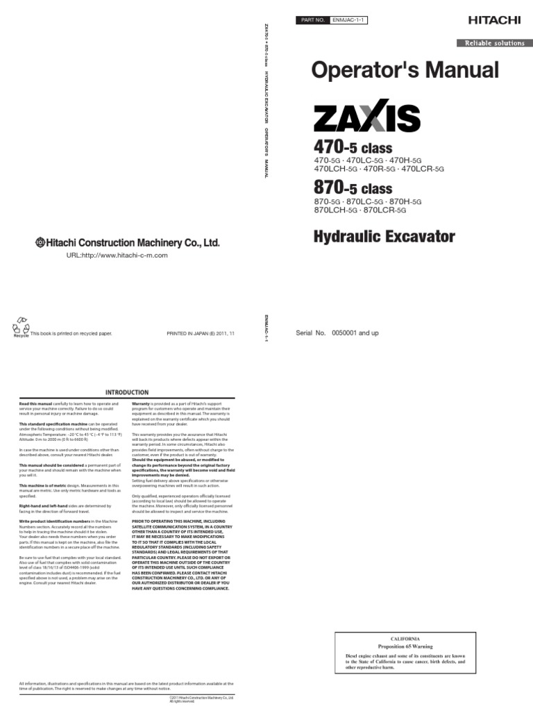 Operator Manual ZX470-5G, ZX870-5G | PDF | Air Conditioning