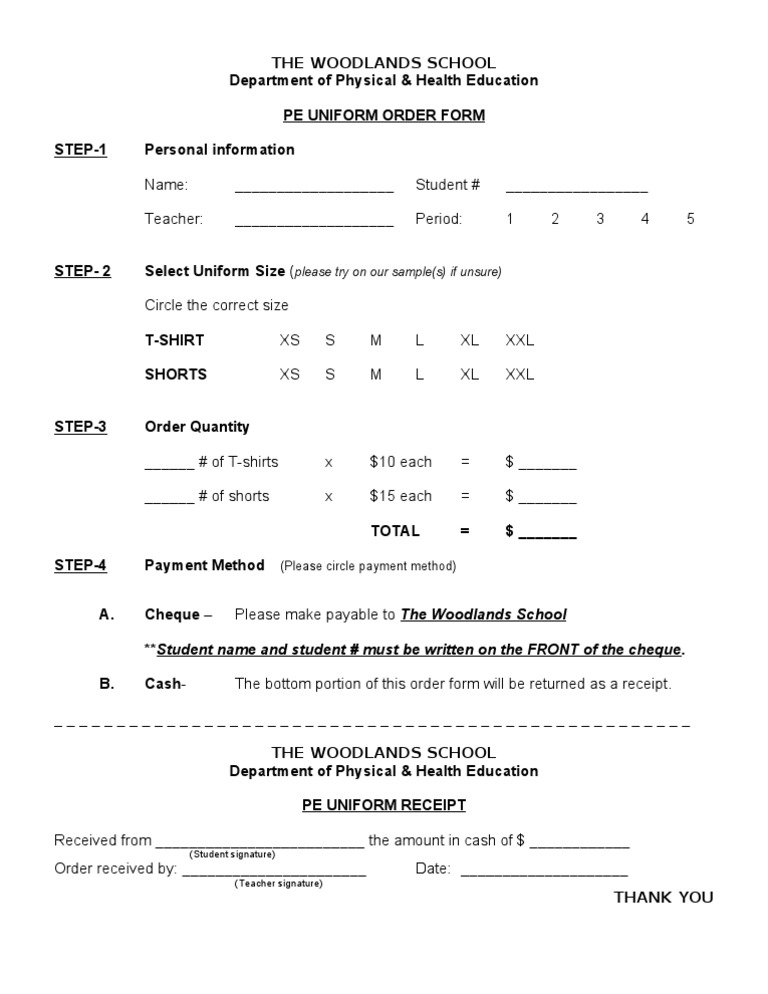 PE Uniform Order Form and Receipt | PDF