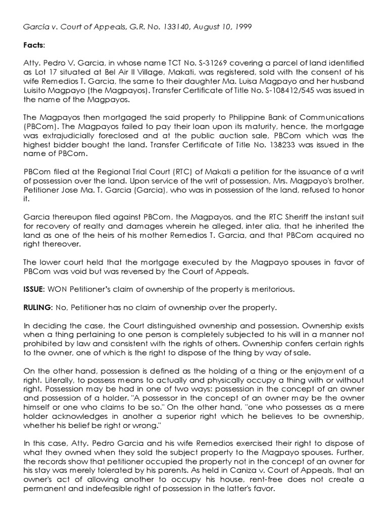 Garcia v. Court of Appeals PDF Ownership Mortgage Law