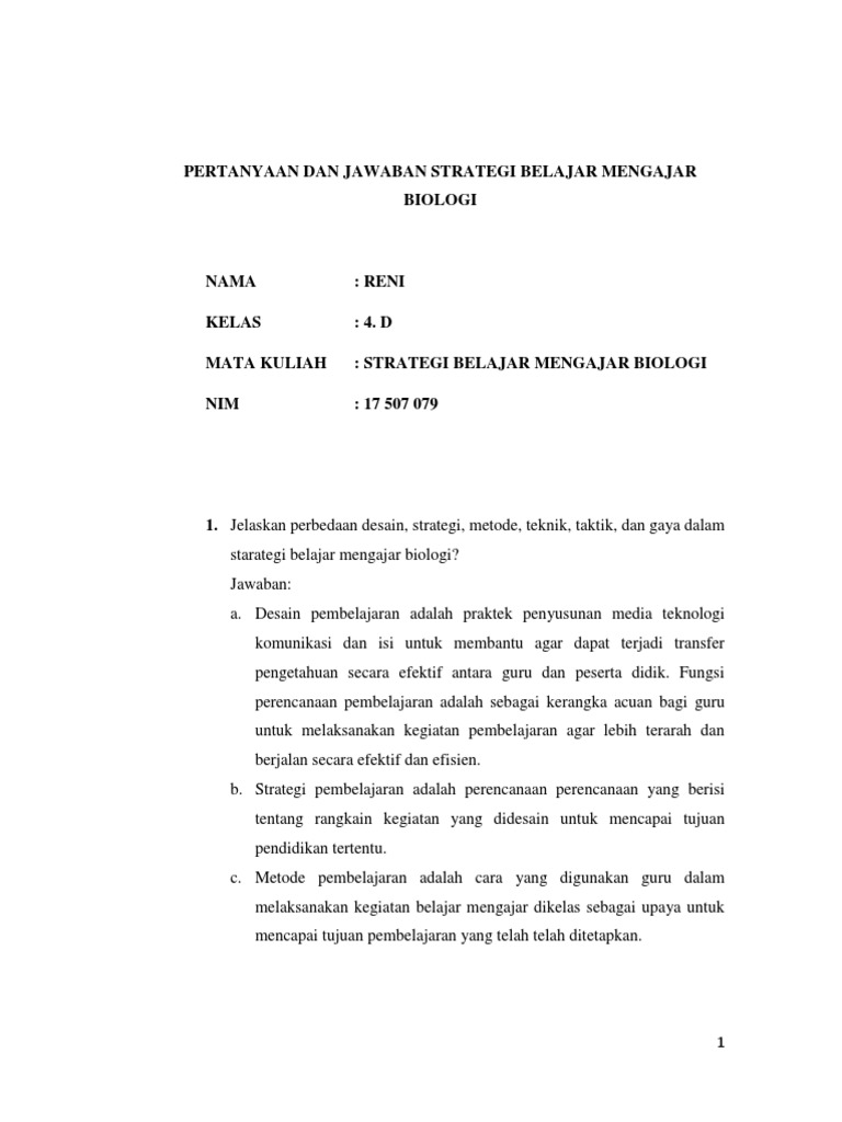 Pertanyaan Dan Jawaban Strategi Belajar Mengajar Biologi 4