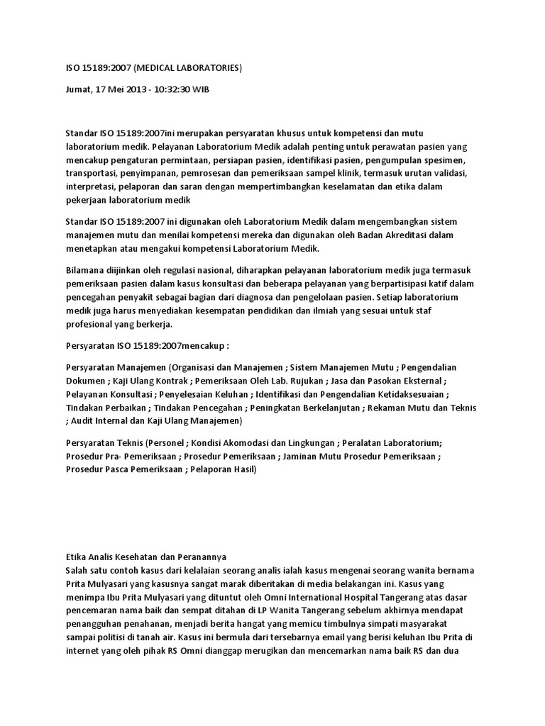 Standar ISO 15189:2007 untuk Laboratorium Medik | PDF | Pengembangan ...