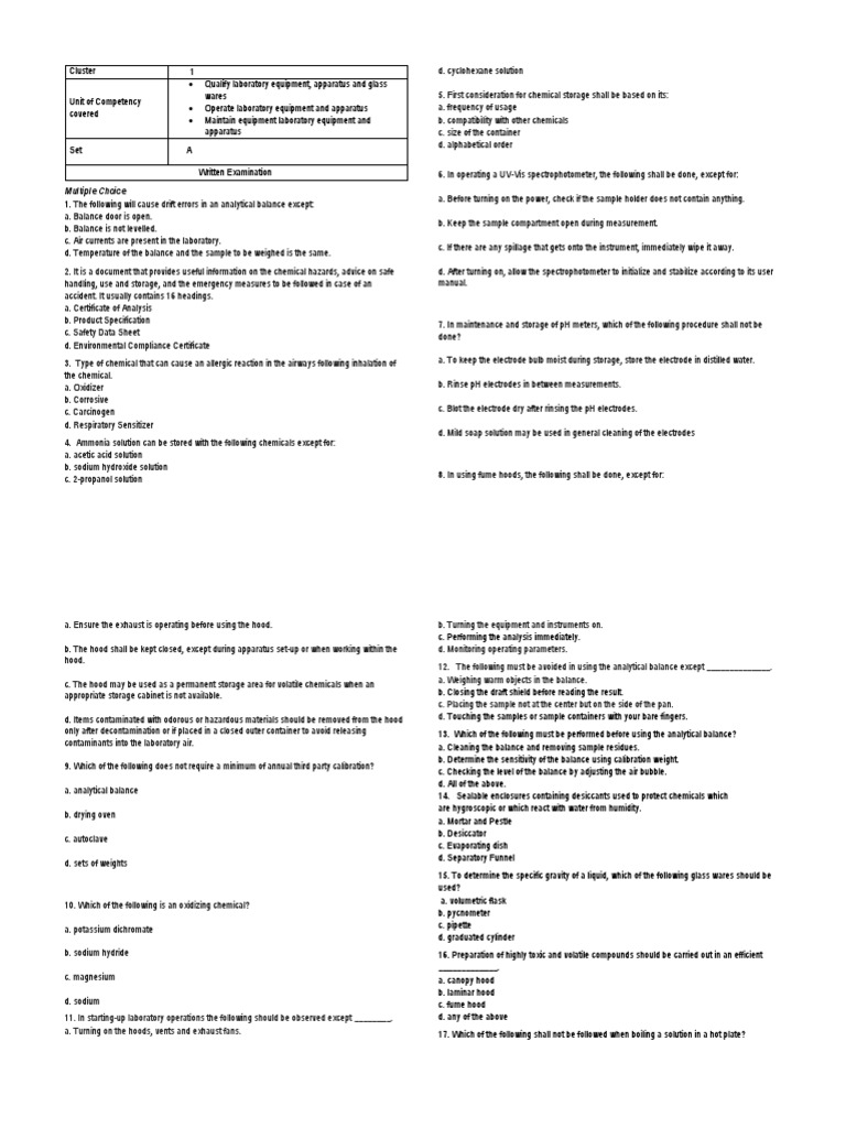 Multiple Choice Chemical Technician Reviewer PDF Hazardous Waste
