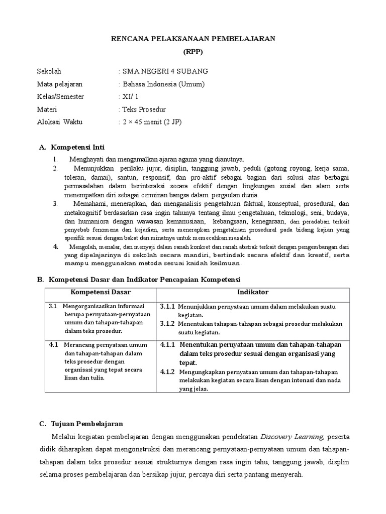 Rpp Xi Teks Prosedur Sma Pdf