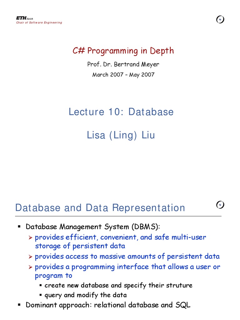 Lecture 10: Database Lisa (Ling) Liu: C# Programming in Depth | PDF ...