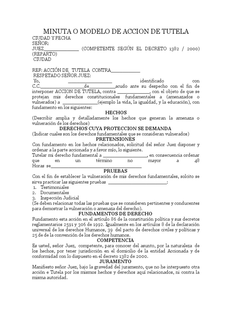 Modelo de Minuta de Acción de Tutela | PDF | Derecho Constitucional ...