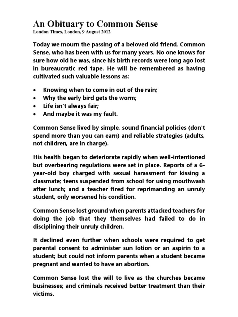 Obituary for Common Sense PDF Wellness Social Science(00)