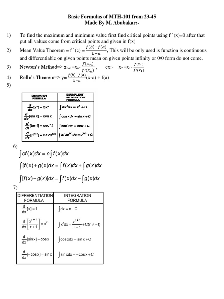 MTH-101 Key Formulas and Theorems | PDF