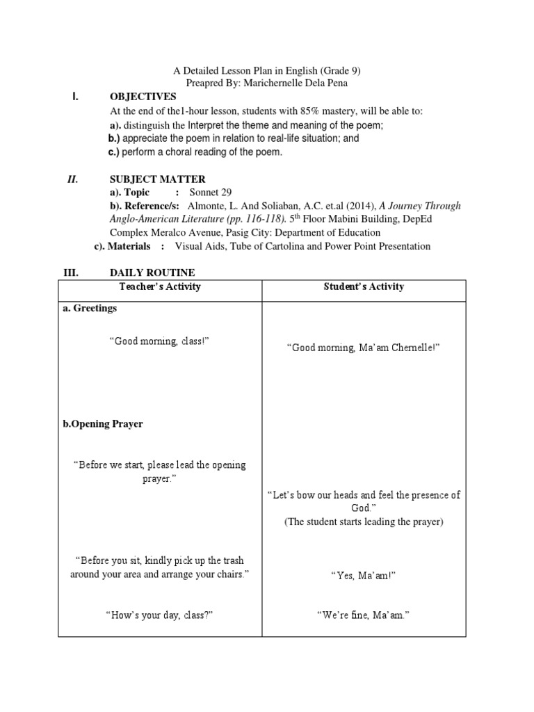 A Detailed Lesson Plan in English Lesson 3 | PDF | General Fiction