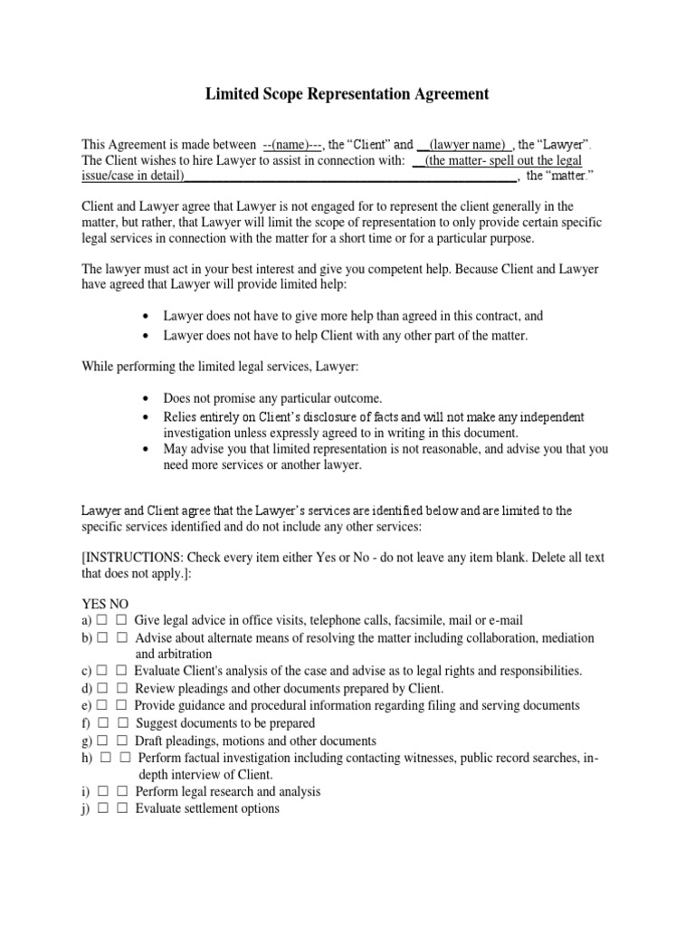 Sample Limited Scope Representation Agreement  PDF  Lawyer  Virtue In legal representation agreement template