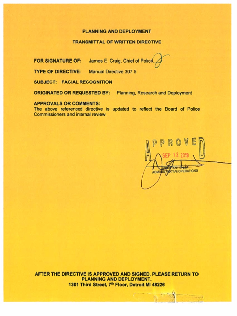 Revised Facial Recognition Directive Transmitted To Board 9-12-2019 | PDF