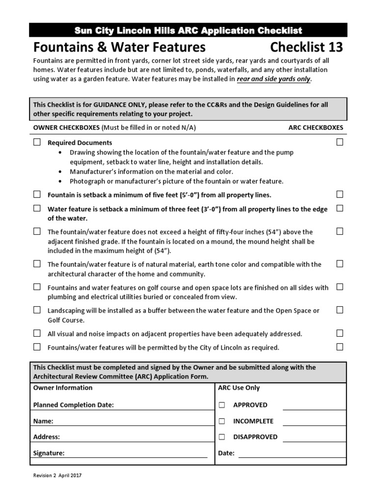 Checklist 13 Fountains Water Features PDF Fountain Water