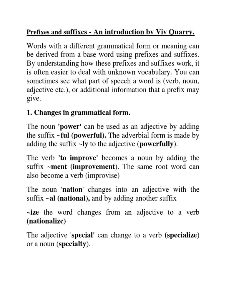 Introduction to Prefixes and Suffixes | PDF | Verb | Adjective