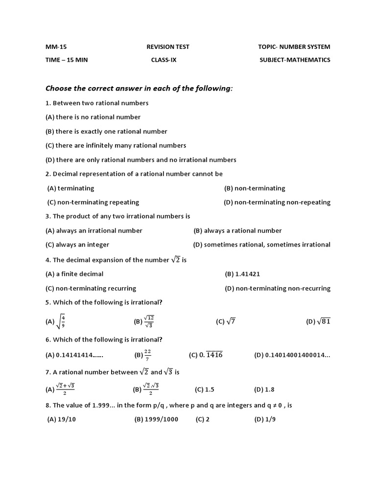 mcq test ix ch 1 pdf rational number numbers