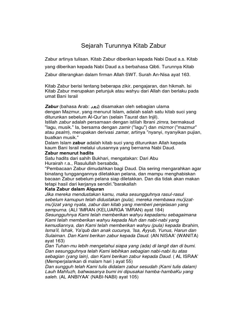 Sejarah Turunnya Kitab Zabur