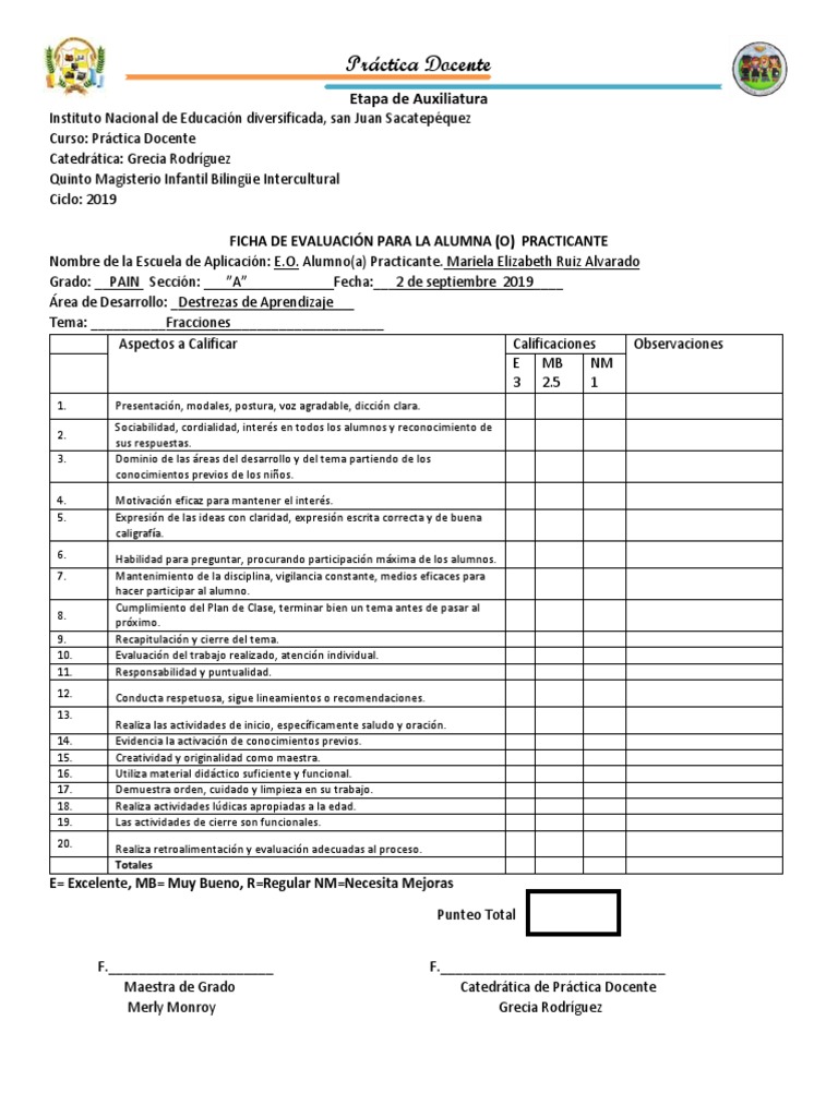 Ficha de Evaluación Práctica Docente | PDF | Maestros | Evaluación
