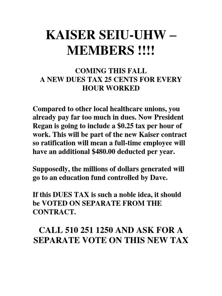Leaflet On Dave Regan's New Partnership Tax For SEIUUHW Members at
