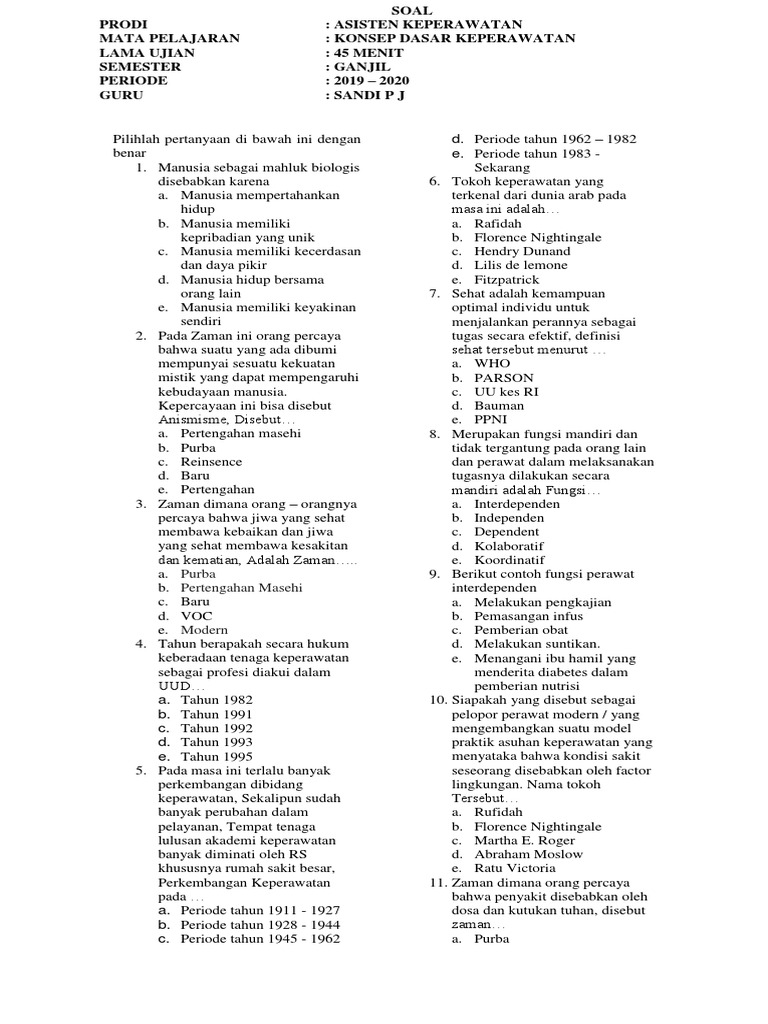 Soal Konsep Dasar Keperawatan Smk Kelas X