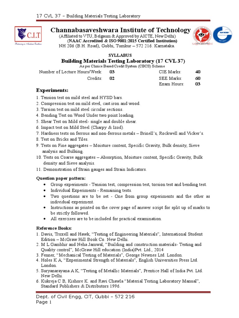 Building Materials Testing Lab Manual | PDF | Ultimate Tensile Strength ...