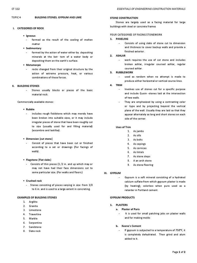 Topic 4 - Building Stones Gypsum Lime | PDF | Plaster | Rock (Geology)