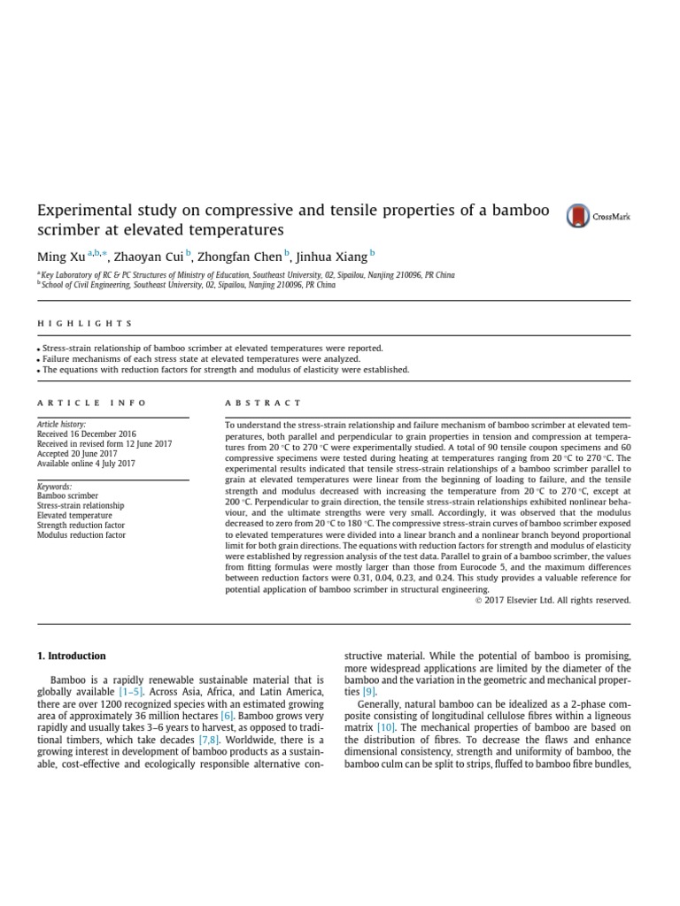Experimental Study On Compressive And Tensile Properties Of A Bamboo Scrimber At Elevated Temperatures Strength Of Materials Young S Modulus