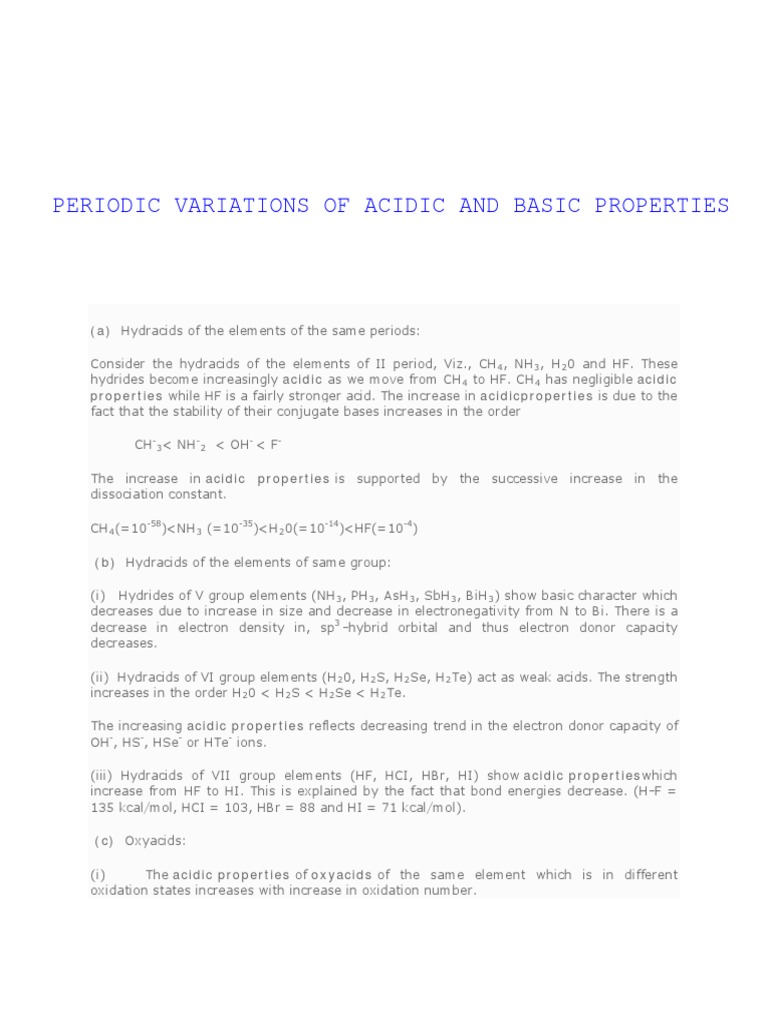 Periodic Variations Of Acidic And Basic Properties Pdf Acid Dissociation Chemistry