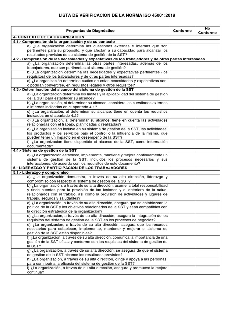 Lista de Verificación en SST. ISO 45001.2018 | PDF | Planificación ...