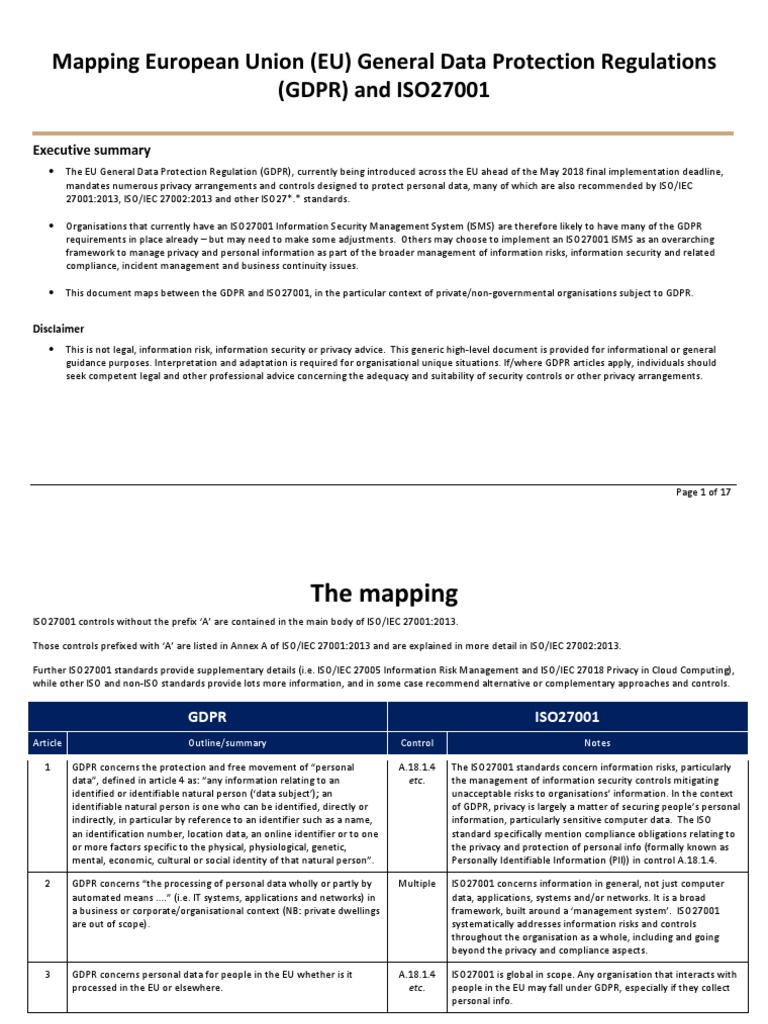 GDPR and ISO 27001 Mapping Guide | PDF | Privacy | Information Security