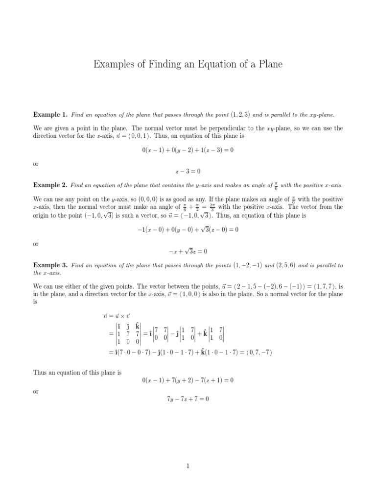 Finding Plane Equations: Examples | PDF | Plane (Geometry) | Cartesian ...