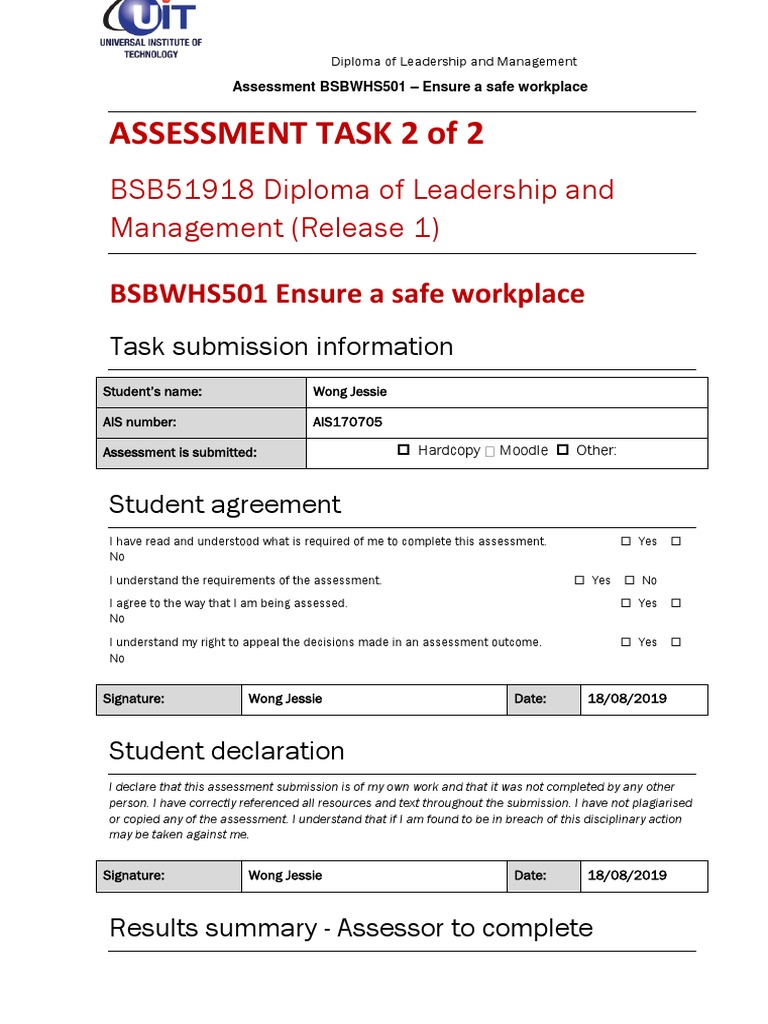 WHS Management Assessment for Leaders | PDF | Occupational Safety And ...