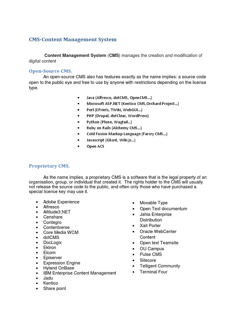 Overview of CMS Types and Examples | PDF | Computers