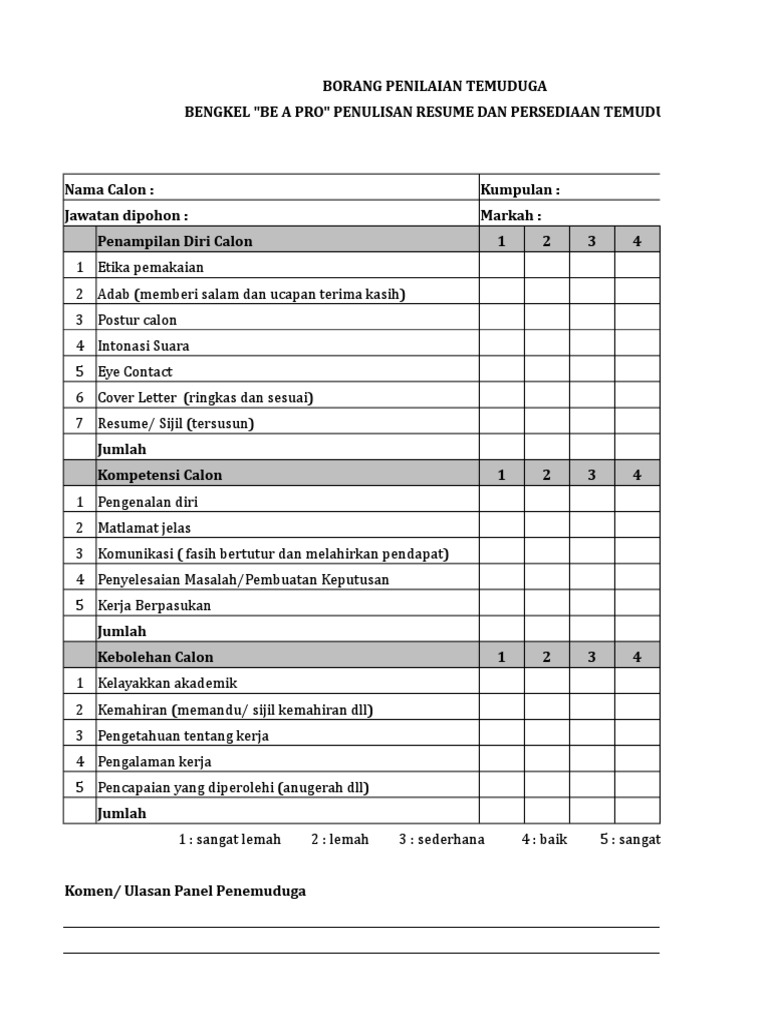 Penemuduga Contoh Borang Penilaian Temuduga Kerja