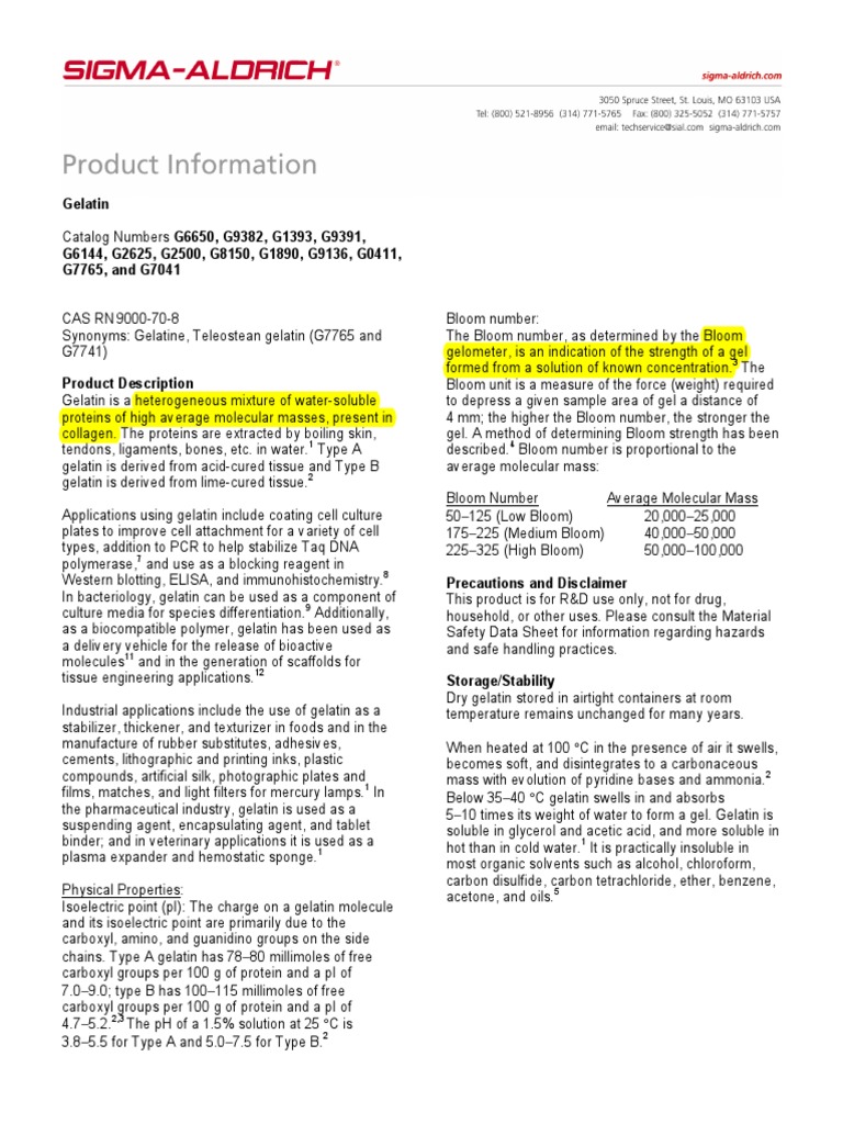 Gelatin Property Sigma Aldrich PDF Gelatin Cell Culture