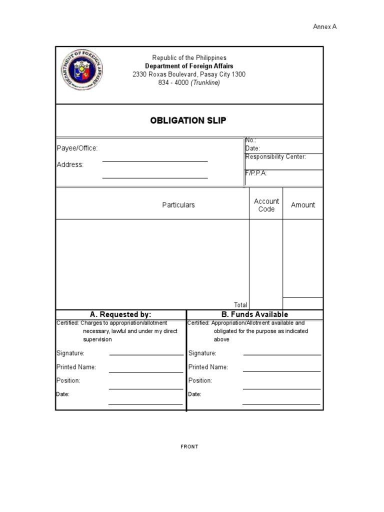 Obligation Slip: Payee/Office: Address | PDF | Payments | Cheque