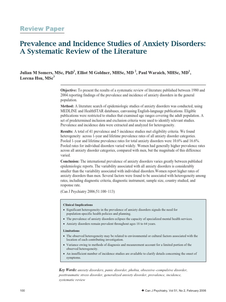 Prevalence and Incidence Studies of Anxiety Disorders: A Systematic ...
