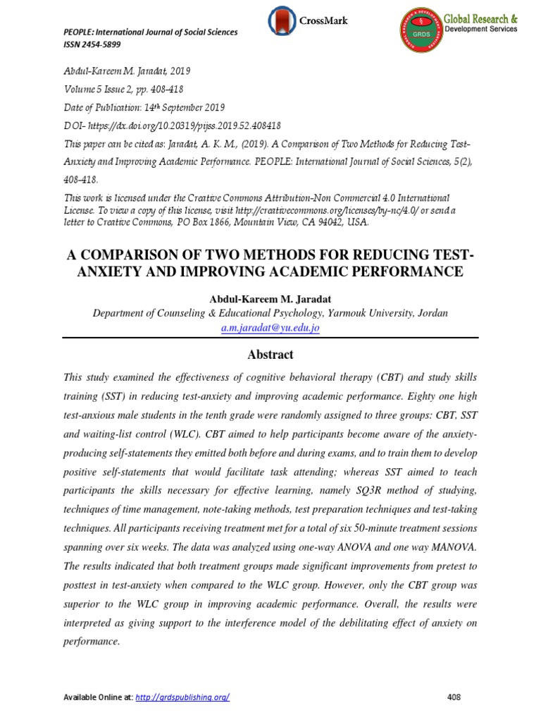 A Comparison of Two Methods For Reducing TestAnxiety and Improving