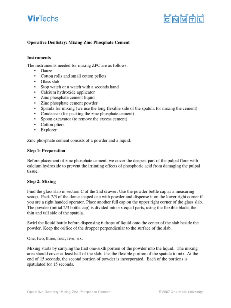 Operative Dentistry Mixing Zinc Phosphate Cement Download Free PDF