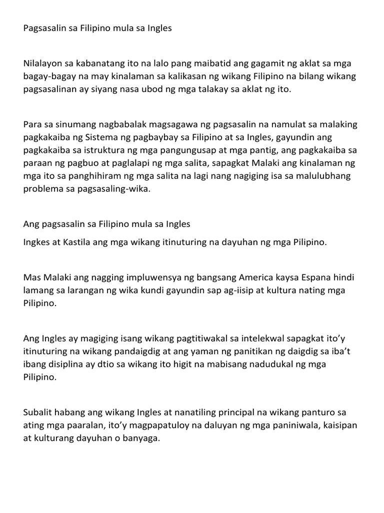 Pagsasalin Sa Filipino Mula Sa Ingles | PDF