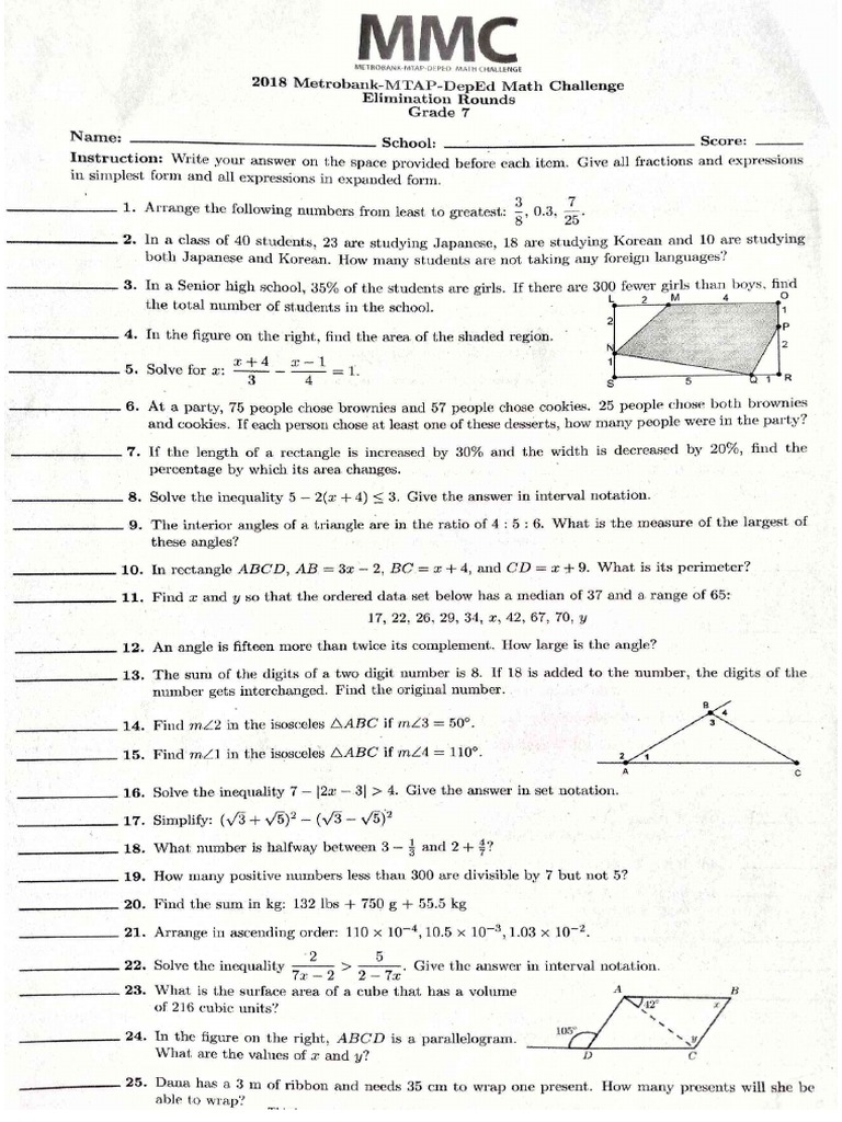 2018 Mtap Elimination Round Grade 7 Questions With Answer Key PDF | PDF