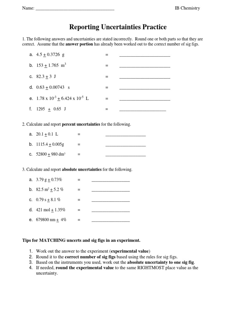 IB Chemistry Uncertainty Practice Worksheet | PDF