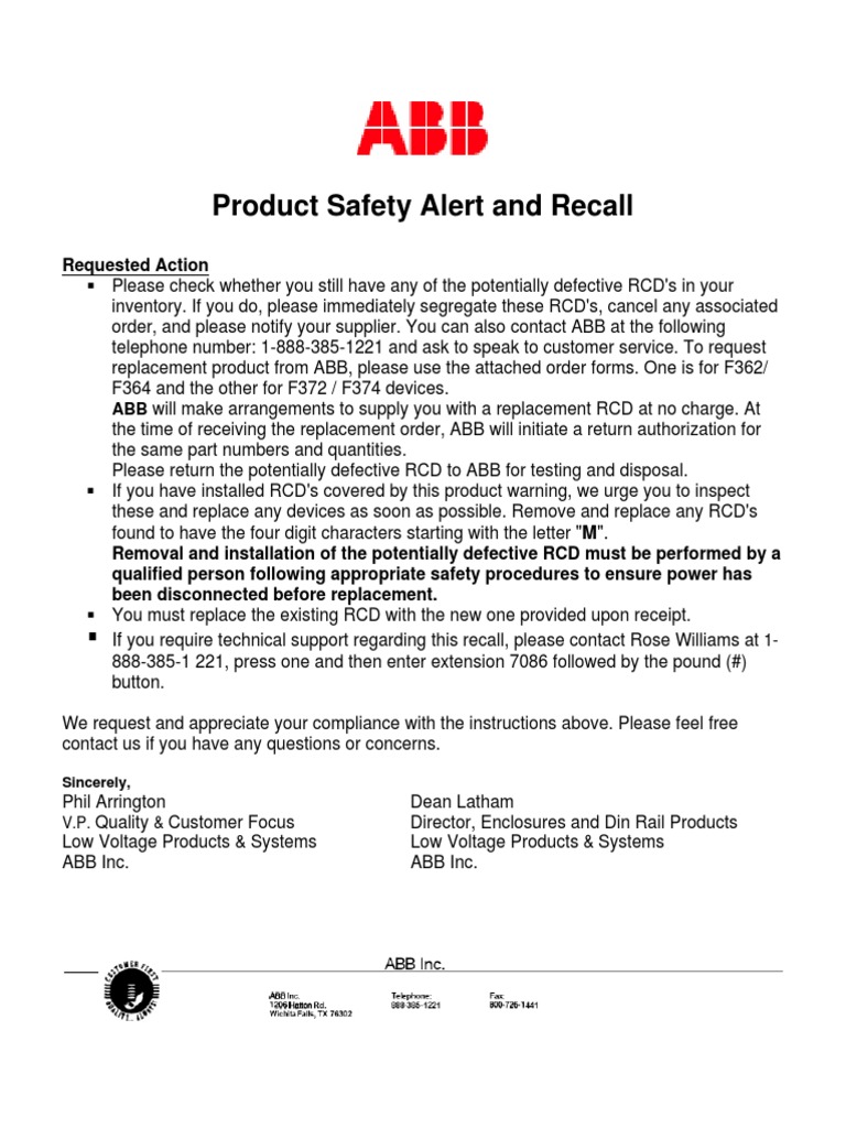 ABB RCD Product Recall Notice | PDF